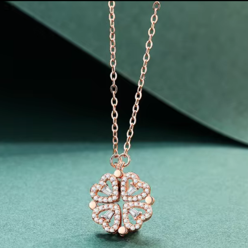 Lakshmira Love Heart Rose Gold Plated Magnetic 2-in-1 Clover Heart Necklace close-up showcasing the elegant rose gold clover and heart design